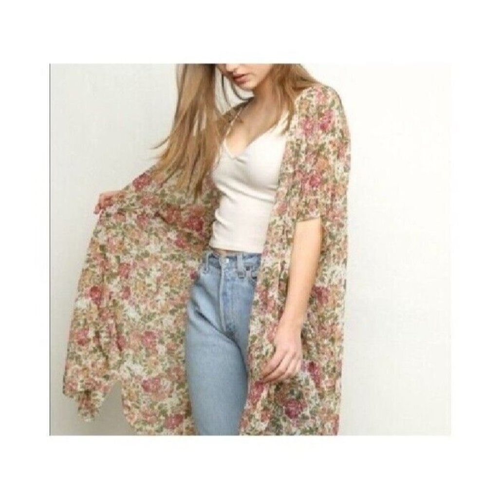 Brandy Melville Alexis Women Small Ivory Floral Print Sheer Kimono Made In Italy